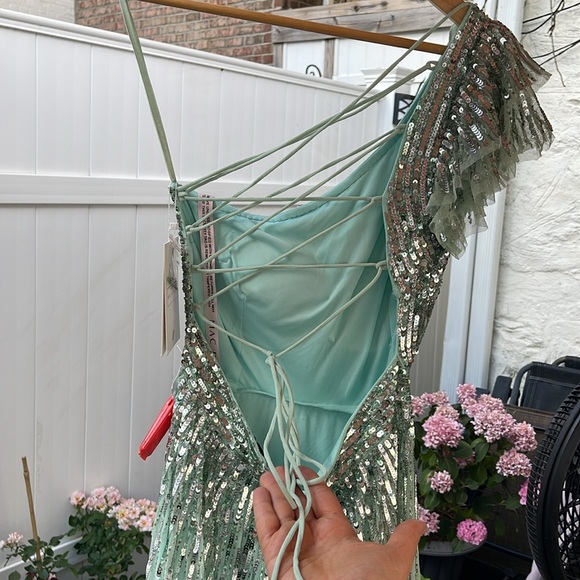 Mac Duggal - Sequined One Shoulder Flutter Sleeve A-Line Gown - Picture 10 of 16